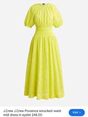 J.Crew Provence Smocked-Waist Eyelet Midi Dress w/ pockets in lemon sorbet. NWT